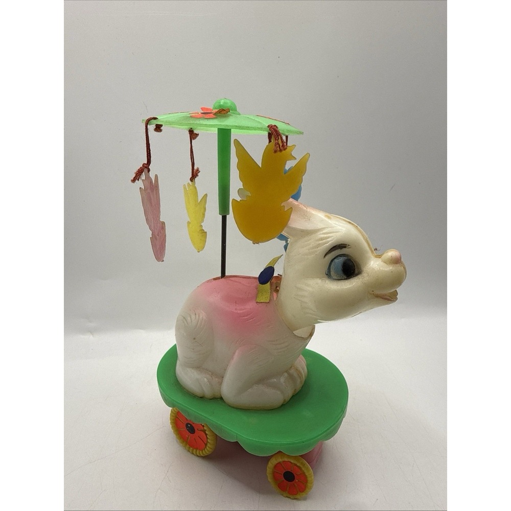 Vintage 60s Celluloid Wind Up  Toy Bunny Chicks Umbrella Bobble WORKS